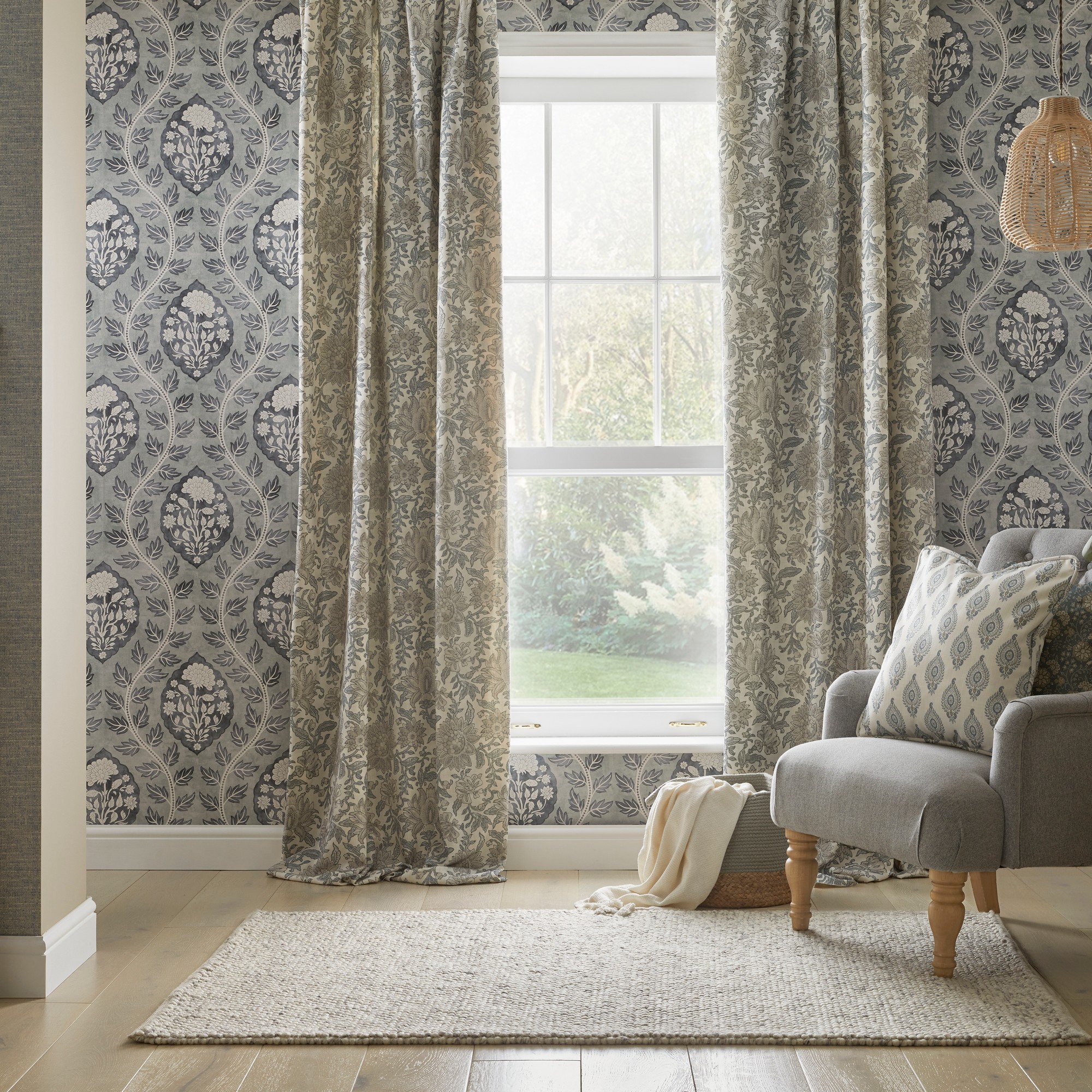 Floral Cartouche Wallpaper 100019eh By Esselle Home In Slate Blue